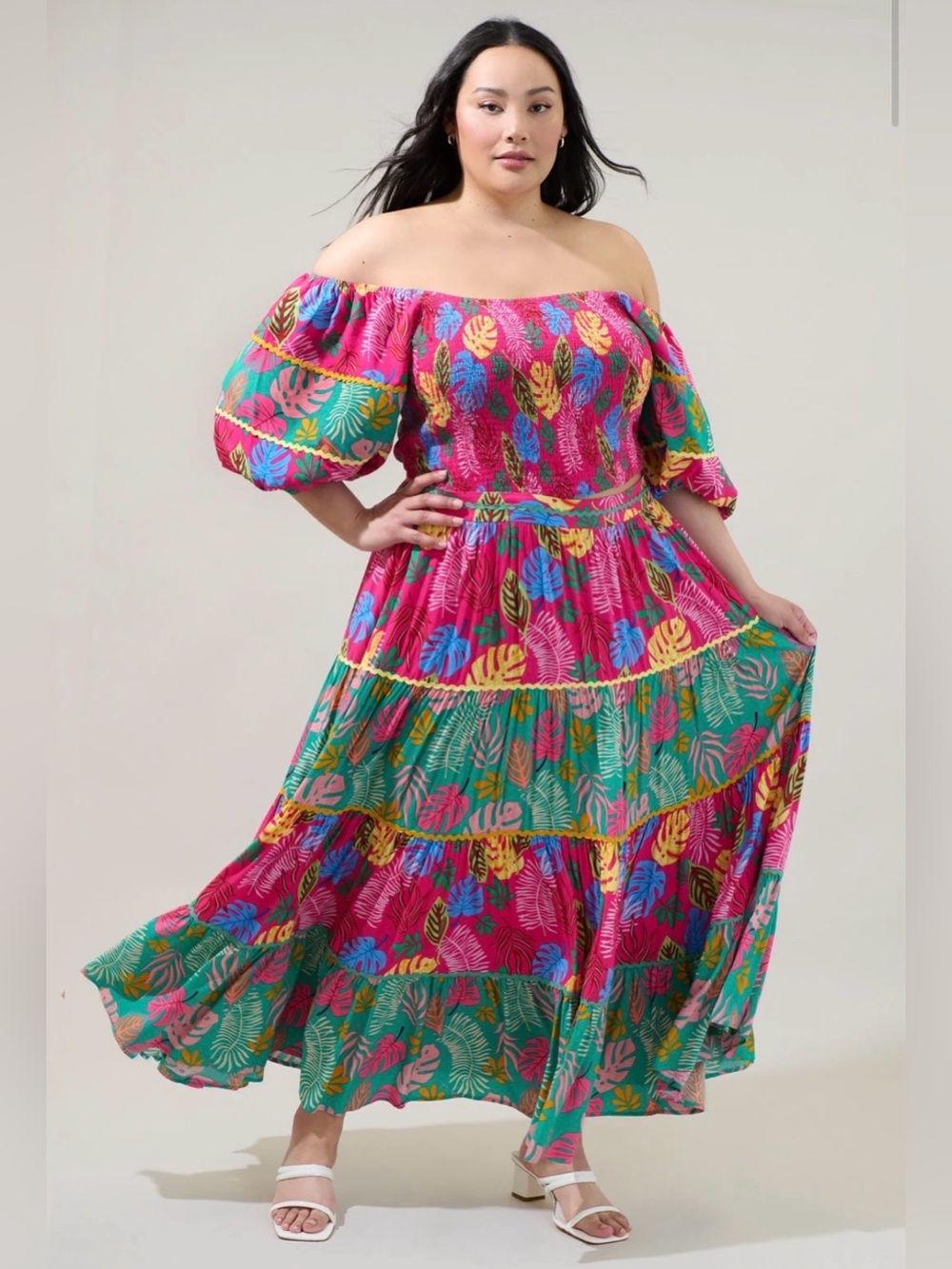 Sugarlips On or Off-Shoulder 2 Piece Pink Tropical Print Top and Skirt